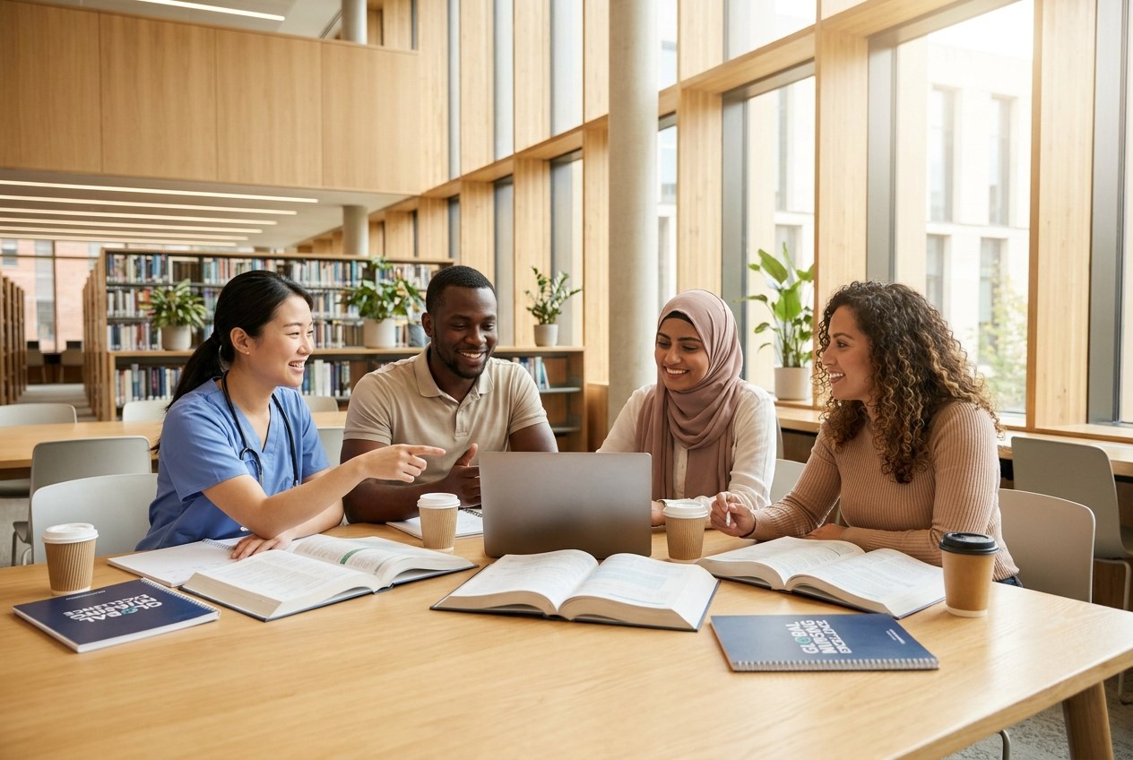 Students collaborate on coursework, preparing for registered nurse roles in Australia.