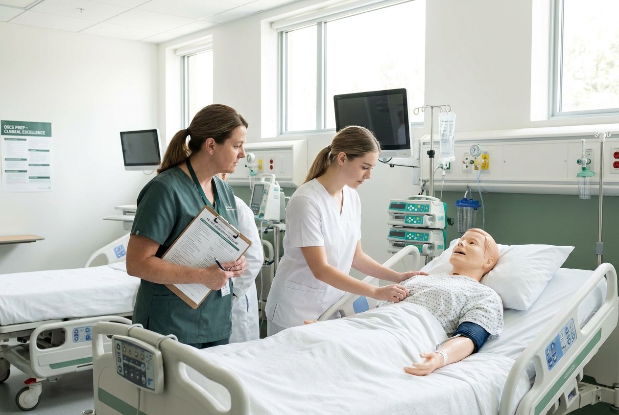 Nursing students practice patient care skills during OSCE simulation training, supporting nursing migration in Australia.
